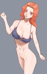 1girl bare_shoulders bleach blue_eyes bottomless breasts collarbone female_focus female_pubic_hair large_breasts long_hair matsumoto_rangiku mole mole_under_mouth numb3r_3 orange_hair orange_pubic_hair pubic_hair simple_background