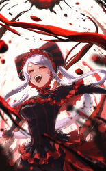 1girl black_dress blood blood_splatter blush commentary dress fangs fingernails frilled_dress frills gothic_lolita hair_ribbon highres hood lolita_fashion long_sleeves ninjin_ika open_mouth overlord_(maruyama) ponytail red_eyes red_nails ribbon shalltear_bloodfallen sharp_fingernails solo tongue two-tone_dress vampire white_background white_hair