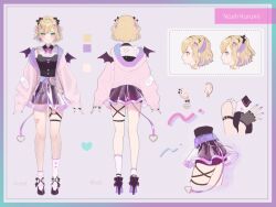 1girl bat_wings blonde_hair blush bow character_name closed_mouth commentary_request green_eyes hair_bow hair_ornament hairclip high_heels hood hoodie kurumi_noah kurumi_noah_(3rd_costume) magako multicolored_hair multiple_views open_clothes open_hoodie purple_hair purple_nails reference_sheet second-party_source socks thigh_strap two-tone_hair virtual_youtuber vspo! white_socks wings