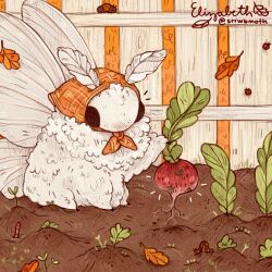 animal animal_focus artist_name autumn_leaves bug caterpillar clothed_animal commentary day elizabeth_(strwbmoth) english_commentary fence food hat headscarf highres holding holding_food holding_vegetable insect instagram_username ladybug leaf moth no_humans orange_hat original outdoors oversized_animal plant radish sitting vegetable wooden_fence worm