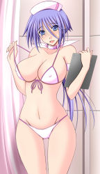 1girl bikini blue_eyes blue_hair bra bra_pull breasts clothes_pull covered_erect_nipples curvy female_focus futami_masaki groin hat highres large_breasts long_hair matching_hair/eyes nurse_cap open_mouth original solo standing string_bikini swimsuit thighs underwear white_bikini