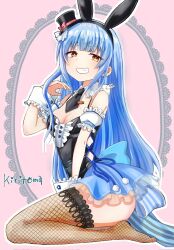Rule 34 | 1girl, animal ears, bare shoulders, black hairband, black hat, black leotard, black necktie, blue hair, blue skirt, breasts, brown eyes, brown thighhighs, center frills, cleavage, collar, commentary request, detached collar, detached sleeves, fake animal ears, fishnet thighhighs, fishnets, frilled collar, frilled skirt, frilled sleeves, frills, grin, hairband, hand up, hat, highres, hololive, kiritoma, leotard, long hair, medium breasts, mini hat, mini top hat, necktie, outline, pink background, puffy short sleeves, puffy sleeves, rabbit-shaped pupils, rabbit ears, short necktie, short sleeves, signature, simple background, sitting, skirt, smile, solo, symbol-shaped pupils, thighhighs, tilted headwear, top hat, usada pekora, usada pekora (furi furi bunny dress), very long hair, virtual youtuber, wariza, white outline, white sleeves, wing collar, wrist cuffs