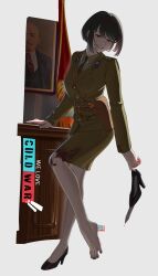 1girl absurdres belt black_hair blood blood_on_clothes blood_on_face bright_pupils desk flag green_jacket green_necktie green_shirt green_skirt gun hairband highres jacket kgb military_dress_uniform military_uniform necktie original puto_trash red_hairband shirt single_bare_foot skirt skorpion_vz._61 smile solo soviet submachine_gun vladimir_lenin we_love_cold_war weapon white_background white_pupils