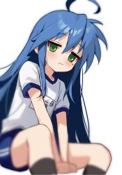 1girl ahoge amamiyayk black_socks blue_hair blue_shorts blush crotch_seam green_eyes gym_shirt gym_shorts highres izumi_konata long_hair lucky_star mole mole_under_eye nose_blush panties panties_under_shorts panty_peek pink_shoes shirt shoes shorts sideways_glance simple_background socks solo t-shirt underwear very_long_hair white_background white_shirt