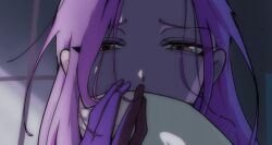 1girl alien_stage black_gloves close-up commentary covered_mouth covering_another&#039;s_mouth furrowed_brow gloves half-closed_eyes hand_on_another&#039;s_hand hashtag-only_commentary highres ivanbolvann long_hair mizi_(alien_stage) pink_hair solo_focus white_gloves yellow_eyes