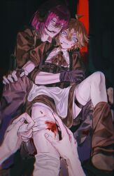 1other 2boys absurdres ahoge alternate_costume aotu_world apron ascot bandaged_leg bandages black_ascot black_boots black_dress black_gloves black_shirt bleeding blonde_hair blood blood_on_clothes blood_on_face blood_on_leg bloody_bandages blue_eyes boots brown_hair bulletproof_vest chinese_commentary clothes_grab collared_shirt crossdressing crossdressing_(mtf) dress enmaided fingerless_gloves glasses gloves grey_pants hair_between_eyes headphones headset highres holding_bandages hug hug_from_behind injury junge914 king_(aotu_world) looking_at_viewer maid maid_apron male_focus multiple_boys open_mouth pants parted_lips phantom.s pink_hair pov pov_hands puffy_short_sleeves puffy_sleeves shirt short_hair short_sleeves sitting sweat teeth thigh_strap thighhighs thighhighs_pull trap waist_apron weapon white_apron white_shirt white_thighhighs yaoi