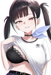 1girl absurdres asymmetrical_bangs black_bra black_hair bra breasts clothes_lift goddess_of_victory:_nikke highres large_breasts lifting_own_clothes liiigang looking_at_viewer shirt shirt_lift solo sora_(nikke) twintails underwear upper_body white_background white_shirt