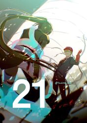arm_at_side bandaged_head bandages beta_(tower_of_god) black_necktie black_shirt bleeding blood blood_on_arm blood_on_clothes blood_on_hands bloody_bandages blue_suit brown_hair episode_number formal_clothes from_below hat highres immobilization injury jyu_viole_grace long_hair long_sleeves male_focus necktie pants red_hat shinsoo_(tower_of_god) shirt short_hair simple_background smile suit t-shirt tanino_miho torn_clothes tower_of_god twenty-fifth_bam very_long_hair white_pants white_shirt yellow_eyes