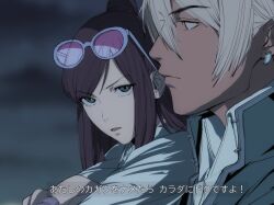 1boy 1girl ace_attorney aged_down alternate_costume amikoiiko apollo_justice:_ace_attorney blonde_hair blue_eyes brown_hair closed_mouth coat dress_shirt earrings ema_skye eyewear_on_head fake_screenshot green_coat half_updo highres hugging_own_legs jewelry klavier_gavin knee_up lab_coat long_hair long_sleeves looking_at_another looking_down looking_to_the_side mismatched_eyebrows pink-tinted_eyewear pink_shirt portrait profile round_eyewear shirt short_hair single_earring subtitled sunglasses time_paradox tinted_eyewear translation_request watch white-framed_eyewear white_shirt wristwatch