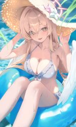 1girl absurdres alternate_costume bare_legs bikini blonde_hair blue_archive blue_innertube blush breasts bust_cup cleavage collarbone commentary crossed_bangs feathered_wings feet_out_of_frame frilled_bikini frills halterneck hat highres knees_up large_breasts long_hair looking_at_viewer low_wings nagisa_(blue_archive) on_innertube ori_(0rizuru) revision sitting smile solo straw_hat sun_hat swimsuit symbol-only_commentary very_long_hair wet white_bikini white_wings wings
