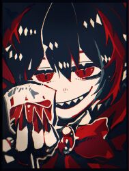Rule 34 | 1boy, black hair, bow, bowtie, brooch, cup, drinking glass, fingernails, gem, hand up, highres, holding, holding cup, jewelry, library of ruina, looking at viewer, male focus, multicolored hair, nosferatu (project moon), open mouth, pointy ears, project moon, red bow, red bowtie, red eyes, red gemstone, red hair, red nails, sharp fingernails, sharp teeth, smile, solo, streaked hair, surumenabe, teeth, vampire, wine glass