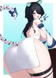 Rule 34 | 1girl, absurdres, animal ears, ass, black hair, blue bow, blue eyes, blue hair, bow, breasts, clothing cutout, colored inner animal ears, commission, dress, erina makina, fur-trimmed sleeves, fur trim, hair over one eye, heart, highres, large breasts, long hair, looking at viewer, mechanical arms, median furrow, multicolored hair, nai (cnoadi8), open mouth, phase connect, second-party source, see-through clothes, see-through sleeves, sideboob, single mechanical arm, single thighhigh, skeb commission, smile, solo, streaked hair, tail, tail bow, tail ornament, thigh strap, thighhighs, tiger ears, tiger girl, tiger tail, v, virtual youtuber, white dress, white thighhighs