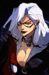 1girl absurdres black_background black_cat_(marvel) black_lips bodysuit breasts choker cleavage commentary earrings eye_mask felicia_hardy grey_hair highres holding holding_mask isaacchief300 jewelry long_hair marvel mask simple_background solo spider-man_(series) upper_body white_hair