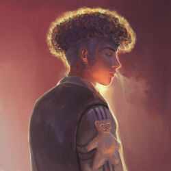 1boy absurdres afro black_shirt brown_hair closed_eyes curly_hair from_behind grey_hair grey_sleeves highres janagreniuk jojo_no_kimyou_na_bouken jojolion multicolored_hair obladi_oblada realistic shirt smoke stuffed_animal stuffed_toy teddy_bear tooru_(jojolion) upper_body
