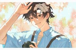 1boy arm_up black_hair blue_shirt branch brown_eyes brown_hair camera cheng_xiaoshi cherry_blossoms collared_shirt dappled_sunlight day falling_petals grin hair_between_eyes hand_up holding holding_camera looking_at_viewer male_focus ningmeo official_alternate_costume outdoors petals ponytail shade shiguang_dailiren shirt short_hair short_ponytail short_sleeves smile solo sunlight teeth tree upper_body white_shirt