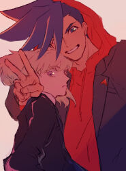 2boys arm_around_shoulder black_jacket blonde_hair blue_eyes blue_hair drawstring eyelashes fingernails galo_thymos grey_background grin hood hood_up hoodie jacket lapels layered_sleeves lio_fotia long_sleeves looking_to_the_side male_focus mohawk multiple_boys notched_lapels one_eye_covered open_clothes open_jacket promare purple_eyes red_hoodie sakuraba35 short_hair sideways_glance smile teeth upper_body v