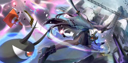 1girl absurdres animal_ear_fluff animal_ears aqua_jacket black_hair black_necktie black_pantyhose black_skirt blunt_bangs building collared_shirt eyeball fox_ears fox_girl full_body green_jacket high-waist_skirt high_heels highres holding holding_sword holding_weapon hoshimi_miyabi jacket katana long_hair looking_back necktie nekon_(nyanekon) outdoors pantyhose red_eyes shirt skirt sword tailless_(zenless_zone_zero) weapon white_shirt zenless_zone_zero