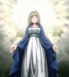 1girl blonde_hair breasts christianity closed_eyes feel_(company) female_focus highres jinsei kujou_fumi medium_breasts parody short_hair veil virgin_mary