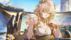 2girls aglaea_(honkai:_star_rail) ancient_greek_clothes armlet bell black_gloves blonde_hair blue_sky breast_tattoo breasts cleavage closed_mouth cloud cloudy_sky column copyright_name copyright_notice detached_collar dress elbow_rest empty_eyes flower gloves greco-roman_clothes green_eyes hair_flower hair_ornament highres honkai:_star_rail honkai_(series) jewelry large_breasts laurel_crown looking_at_viewer medium_hair multiple_girls multiple_rings nail_polish official_art outdoors pillar pov ring sky smile stelle_(honkai:_star_rail) string string_of_fate table tattoo trailblazer_(honkai:_star_rail) white_dress