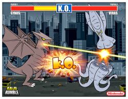 alien beak bone breath_weapon building bus car character_name city cityscape cloud cloudy_sky daiei_motion_picture death destruction energy energy_beam english_text explosion fins gameplay_mechanics gamera_(series) gamera_vs._gyaos gamera_vs._viras gyaos health_bar kaiju laser motor_vehicle mouth_beam night nintendo no_humans no_pupils octopus overcast parody phil_postma sea_monster sharp_teeth sky skyscraper space_monster squid supersonic_scalpel tail teeth tentacles video_game viras weapon wings yellow_eyes yellow_laser