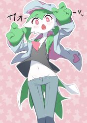 1girl :o armpits arms_up beret black_shirt blue_hat blue_jacket blush bob_cut bright_pupils claw_pose clothed_pokemon colored_skin fang female_focus flat_chest gao gardevoir gen_3_pokemon green_hair green_skin grey_pants groin hat heart heart_print highres jacket japanese_text long_sleeves looking_at_viewer m3_(gardevoir_m3) midriff multicolored_skin nintendo open_clothes open_jacket open_mouth outline pants pink_background pokemon pokemon_(creature) red_eyes shirt short_hair skin_fang sleeveless sleeveless_shirt solo spoken_heart standing star_(symbol) star_symbol_background thigh_gap translated two-sided_fabric two-sided_jacket two-tone_skin white_outline white_pupils white_skin wide-eyed