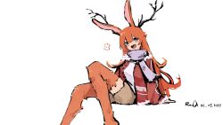 Rule 34 | 1girl, :d, absurdres, animal ears, animal legs, antlers, blue eyes, brown shorts, commentary, dated, english commentary, feet out of frame, hair between eyes, highres, horns, jacket, long hair, open mouth, orange hair, orange jacket, original, rabbit ears, rabbit girl, rnna, scar, shirt, shorts, signature, simple background, sitting, smile, solo, white background, white shirt