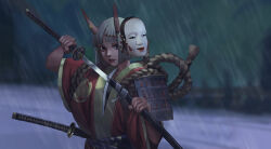 1girl arm_up black_eyes commentary_request day grey_hair hand_up highres holding holding_sword holding_weapon horns japanese_clothes katana kimono looking_at_viewer looking_to_the_side mask noh_mask oni original outdoors parted_lips purple_sash rain red_kimono red_lips rope samurai sash shimenawa short_hair single_sode skin-covered_horns star_(symbol) sword unworn_mask weapon wide_sleeves yuzhou_xingshi_bu_li_dong_ni