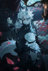 1boy animal_ears bicep_strap boketto_x chandelier checkered_floor closed_mouth colored_tips commentary english_commentary falling_petals fingerless_gloves from_above furry furry_male gloves highres holding holding_pocket_watch looking_at_viewer looking_up male_focus multicolored_hair petals petals_on_ground pocket_watch prosthesis prosthetic_leg red_eyes rose_petals shirt tail vest von_lycaon watch white_shirt wolf_boy wolf_ears wolf_tail zenless_zone_zero