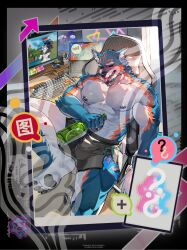 1boy abs bara blue_fur bottle boxers bulge chair drunk feet gaming_chair highres holding holding_bottle kuroshima_kurishiro_(muyi24108414) large_pectorals male_focus male_underwear muscular muscular_male navel neet nipples original pectorals scar scar_on_face scar_on_mouth short_hair solo spread_legs stomach swivel_chair thighs topless_male underwear video_game wolf_boy