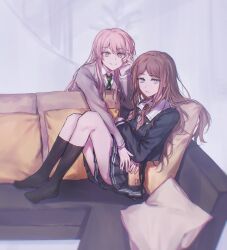 Rule 34 | 2girls, bang dream!, bang dream! it&#039;s mygo!!!!!, black socks, blazer, blue eyes, blue serafuku, blue shirt, blue skirt, brown hair, cellphone, chihaya anon, chinese commentary, closed mouth, collared shirt, commentary request, couch, crossed arms, diagonal-striped clothes, diagonal-striped necktie, dress shirt, green necktie, grey eyes, grey jacket, grey neckerchief, hand on another&#039;s thigh, haneoka school uniform, head rest, highres, holding, holding phone, jacket, kneehighs, long hair, long sleeves, multiple girls, muonrei00, nagasaki soyo, neckerchief, necktie, no shoes, on couch, parted lips, phone, pillow, pink hair, pleated skirt, sailor collar, school uniform, serafuku, shirt, sidelocks, sitting, skirt, smartphone, smile, socks, striped clothes, tsukinomori school uniform, white sailor collar, white shirt, yuri