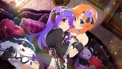 2girls black_bow black_dress black_gloves black_shoes black_thighhighs blue_eyes bow choker collarbone couch dress dutch_angle flower frilled_dress frills game_cg garter_straps gloves hair_flower hair_ornament hanyuu heart_cushion highres higurashi_no_naku_koro_ni higurashi_no_naku_koro_ni_mei holding_hands indoors long_hair long_sleeves looking_at_viewer multiple_girls non-web_source official_art on_couch orange_hair parted_lips purple_bow purple_eyes purple_flower purple_hair purple_rose red_flower red_petals red_rose rose ryuuguu_rena shoes short_hair shy sitting socks sparkle strapless stuffed_animal stuffed_toy thighhighs white_petals white_socks