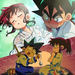 1boy 1girl black_hair blue_eyes blue_hakama blush brown_hair hakama hakama_pants highres holding japanese_clothes kawaseme813sub kurogane_yaiba long_hair mine_sayaka open_mouth pants ponytail purple_hakama shirt short_hair spiked_hair sweatdrop troll_face trolling wet wet_clothes wet_hair wet_shirt yaiba