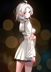 1girl absurdres ahoge blue_earrings blush breasts colorized dot_nose dress dress_skirt earrings elf female_focus highres jewelry long_ears long_sleeves looking_at_viewer looking_back miniskirt mushoku_tensei pointy_ears red_eyes shirt short_hair shorts skirt small_breasts solo solo_focus sydus sylphiette_(mushoku_tensei) thighs white_dress white_shirt white_skirt