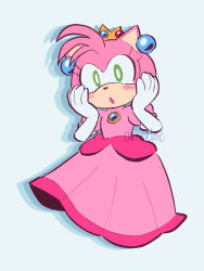 1girl amie_sanchez amy_rose artist_name blush brooch commentary cosplay crown dress ear_piercing earrings english_commentary gloves hands_on_own_cheeks hands_on_own_face hedgehog_girl highres jewelry looking_at_viewer mario_(series) nintendo open_mouth piercing pink_dress princess_peach princess_peach_(cosplay) signature solo sonic_(series) sphere_earrings watermark white_gloves