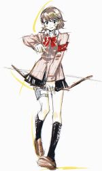 1girl armband blush bow bow_(weapon) bowtie brown_hair brown_shoes cardigan choker highres holding holding_bow_(weapon) holding_weapon kneehighs looking_at_viewer machihazure miniskirt persona persona_3 pink_cardigan red_bow red_bowtie shoes skirt smile socks takeba_yukari weapon white_background white_choker