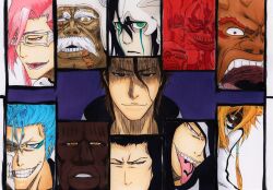 Rule 34 | &gt;:), 1girl, 6+boys, aaroniero arruruerie, aizen sousuke, alpen no koyari, baraggan louisenbairn, black hair, blank eyes, bleach, blonde hair, blue eyes, blue hair, brown eyes, brown hair, closed mouth, commentary request, coyote starrk, dark-skinned female, dark-skinned male, dark skin, everyone, evil grin, evil smile, expressionless, eyepatch, facial hair, fang, glasses, green eyes, grimmjow jaegerjaquez, grin, hair between eyes, helmet, kubo tite (style), lips, long hair, looking ahead, looking at viewer, male focus, multiple boys, mustache, nnoitra gilga, nose, official style, old, old man, one eye closed, one eye covered, open mouth, parted lips, pink hair, portrait, purple background, purple eyes, red eyes, shaded face, short eyebrows, short hair, simple background, skirt, slit pupils, smile, smug, szayelaporro granz, teeth, thick eyebrows, tier harribel, tongue, tongue out, tongue tattoo, tsurime, ulquiorra cifer, v-shaped eyebrows, white-framed eyewear, white background, white skirt, wide-eyed, yammy llargo, yellow eyes, zommari rureaux