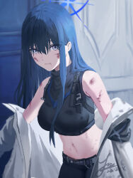 Rule 34 | 1girl, absurdres, bare shoulders, belly, black pants, black tank top, blood, blood from mouth, blood on face, blue archive, blue eyes, blue hair, breasts, commentary request, dated, defeat, hair behind ear, hair between eyes, highres, injury, jacket, jacket partially removed, jinling ovo, large breasts, long hair, looking at viewer, midriff, navel, pants, saori (blue archive), scratches, sidelocks, signature, tank top, white jacket