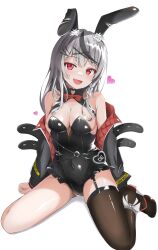 1girl absurdres alternate_costume animal_ear_hairband animal_ears badge bare_shoulders belt black_leotard bow bowtie braid breasts cleavage collared_halterneck covered_navel double-parted_bangs fake_animal_ears fang frilled_leotard frills garter_straps grey_hair hair_ornament hair_over_shoulder hairband hairpin head_tilt highres hololive jacket jacket_partially_removed leather leather_jacket leotard long_hair looking_at_viewer masaharu21 medium_breasts multicolored_hair number_print o-ring o-ring_belt open_clothes open_jacket open_mouth playboy_bunny rabbit_ear_hairband rabbit_ears red_bow red_bowtie red_eyes roman_numeral sakamata_chloe single_braid single_garter_strap single_thighhigh sitting skin_fang sleeve_belt solo streaked_hair thighhighs two-sided_fabric two-sided_jacket virtual_youtuber wariza white_background x_hair_ornament