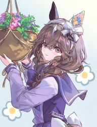 Rule 34 | 1girl, animal ears, blush stickers, bow, bowtie, braid, brown hair, closed mouth, curren bouquetd&#039;or (umamusume), ear covers, flower, hairband, hanging plant, horse ears, horse girl, horse tail, long hair, looking at viewer, looking to the side, purple shirt, purple skirt, sailor collar, school uniform, shirt, skirt, smile, solo, tail, tracen school uniform, twin braids, umamusume, upper body, welchino