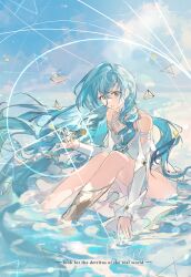 1girl 37_(down_in_the_grotto)_(reverse:1999) 37_(reverse:1999) absurdres anklet bare_shoulders blue_eyes blue_hair blue_sky cape cloud day detached_sleeves floating_hair full_body golden_spiral hand_up highres jewelry long_hair looking_at_viewer ocean official_alternate_costume one-piece_swimsuit outdoors partially_submerged reverse:1999 sitting sky solo swimsuit tetrahedron very_long_hair white_cape white_one-piece_swimsuit white_sleeves yi_fen_ta