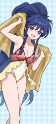 1girl :d armpits bare_legs blue_eyes blue_hair braid breasts checkered_background cleavage collarbone covered_navel fire_emblem fire_emblem:_the_sacred_stones fire_emblem_heroes hair_between_eyes high_ponytail highres holding holding_towel long_hair looking_at_viewer medium_breasts nintendo official_alternate_costume one-piece_swimsuit open_mouth ponytail sideboob smile solo swimsuit tana_(fire_emblem) tana_(noble_and_nimble)_(fire_emblem) towel twin_braids twitter_username very_long_hair yuurururun
