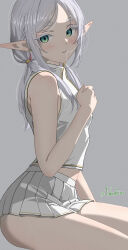 Rule 34 | 1girl, absurdres, alternate costume, arm at side, artist name, blush, collared shirt, commentary, cowboy shot, elf, english commentary, eyelashes, frieren, from side, green eyes, grey background, hair in own mouth, hair tie, hand up, highres, long hair, looking at viewer, low twintails, microskirt, parted lips, pleated skirt, pointy ears, shirt, simple background, sitting, skirt, sleeveless, sleeveless shirt, solo, sousou no frieren, takaexc, turning head, twintails, white hair, white shirt, white skirt