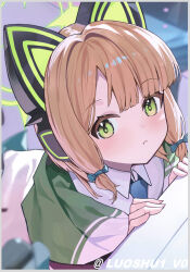 Rule 34 | 1girl, :&lt;, absurdres, animal ear headphones, animal ears, artist name, blonde hair, blue archive, blue bow, blue necktie, blurry, blurry background, blush, border, bow, cat ear headphones, cat ears, closed mouth, collared shirt, commentary, fake animal ears, fingernails, green eyes, green halo, green jacket, grey border, hair bow, halo, headphones, highres, hood, hooded jacket, jacket, looking at viewer, low-tied sidelocks, luo shu, midori (blue archive), necktie, parted bangs, shirt, short hair, sidelocks, solo, twitter username, white shirt