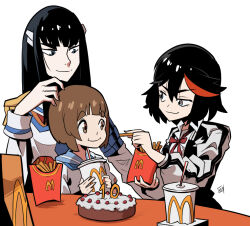 3girls alternate_eye_color anniversary bag black_hair bob_cut brown_eyes brown_hair cake commentary cup disposable_cup english_commentary epaulettes feeding food french_fries grey_eyes jacket junketsu kill_la_kill kiryuuin_satsuki kukuruyo long_hair mankanshoku_mako matoi_ryuuko mcdonald&#039;s multicolored_hair multicolored_jacket multiple_girls paper_bag parody red_hair school_uniform serafuku siblings sisters streaked_hair thick_eyebrows two-tone_hair two-tone_jacket yoru_mac
