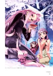 2006 3girls :o against_tree arm_behind_head arm_up black_sweater brown_hair cherry company_name copyright_notice cup dated denim earrings fate/stay_night fate_(series) food fruit hair_ribbon highres holding holding_cup jeans jewelry long_hair long_sleeves looking_at_viewer low-tied_long_hair matou_sakura medusa_(fate) medusa_(rider)_(fate) multiple_girls nishieda open_mouth page_number pants parted_lips petals purple_eyes purple_hair ribbon rimless_eyewear round_eyewear sakazuki sitting stud_earrings sweater tohsaka_rin tree two_side_up very_long_hair