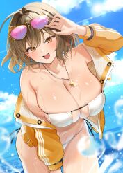 1girl absurdres ahoge anis_(nikke) anis_(sparkling_summer)_(nikke) aviator_sunglasses bare_shoulders bikini blue_sky blush breasts brown_eyes brown_hair cleavage cloud cloudy_sky commentary_request day eyepatch_bikini eyewear_on_head goddess_of_victory:_nikke hair_intakes highres jacket jewelry large_breasts looking_at_viewer necklace nigi_(ngmnoym) official_alternate_costume open_mouth outdoors purple-tinted_eyewear short_hair skindentation sky smile solo star_(symbol) star_necklace sunglasses swimsuit tinted_eyewear white_bikini yellow_jacket