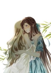 2girls blonde_hair blue_eyes blue_ribbon blush brown_hair commentary_request dress hair_ribbon highres holding_own_arm leaf long_hair mo_(ine_mao) multiple_girls off_shoulder parted_lips purple_eyes ribbon saijou_claudine shoujo_kageki_revue_starlight simple_background tendou_maya topless_female white_background white_dress yuri