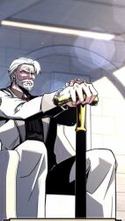 1boy black_shirt highres manga_panel nibelung_siegfried old old_man pants shirt sitting source_request white_beard white_hair white_pants