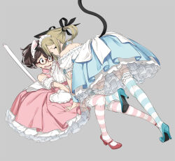 2girls 5pb. animal_ears apron aqua_collar aqua_dress aqua_shoes aqua_thighhighs artist_request biting biting_another&#039;s_clothes biting_clothes black_bow blonde_hair blue_bow blue_dress blue_ribbon blue_thighhighs blush bow cat_ears cat_tail clothes_pull collar dress fake_animal_ears frilled_apron frilled_collar frilled_skirt frilled_socks frilled_thighhighs frills from_behind fukuda_tomonori glasses hair_bow high_heels highres koujiro_frau layered_dress layered_skirt looking_at_viewer looking_back maid_headdress mary_janes mouth_hold multiple_girls multiple_hair_bows off_shoulder official_art on_bed open_mouth petticoat pink_collar pink_dress pink_thighhighs ponytail pulling_another&#039;s_clothes red-framed_eyewear red_shoes ribbon ribbon_in_mouth robotics;notes senomiya_akiho shoes skirt smirk smug socks straddling striped_clothes striped_socks surprised tail teasing teeth thighhighs thighs tongue twintails undressing undressing_another upper_teeth_only upskirt vertical-striped_clothes vertical-striped_socks white_apron