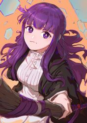 Rule 34 | 1girl, absurdres, black robe, blunt bangs, breasts, clip studio paint (medium), closed mouth, craizuss, dress, fern (sousou no frieren), foreshortening, highres, holding, holding staff, large breasts, long hair, long sleeves, mage staff, perspective, pout, purple eyes, purple hair, purple pupils, robe, simple background, solo, sousou no frieren, staff, straight hair, upper body, yellow background